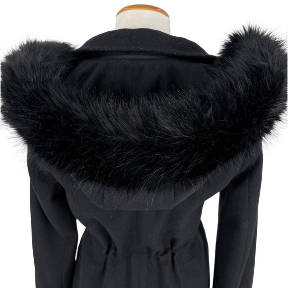 Laundry By Shelli Segal Black Wool Faux Fur Trim Hooded Coat | Cozy Quiet Luxury - Picture 8 of 16